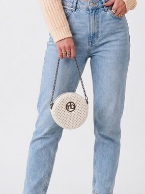 Roccobarocco | Off-White Round Canteen Wristlet Clutch Bag | Gunmetal Hardware